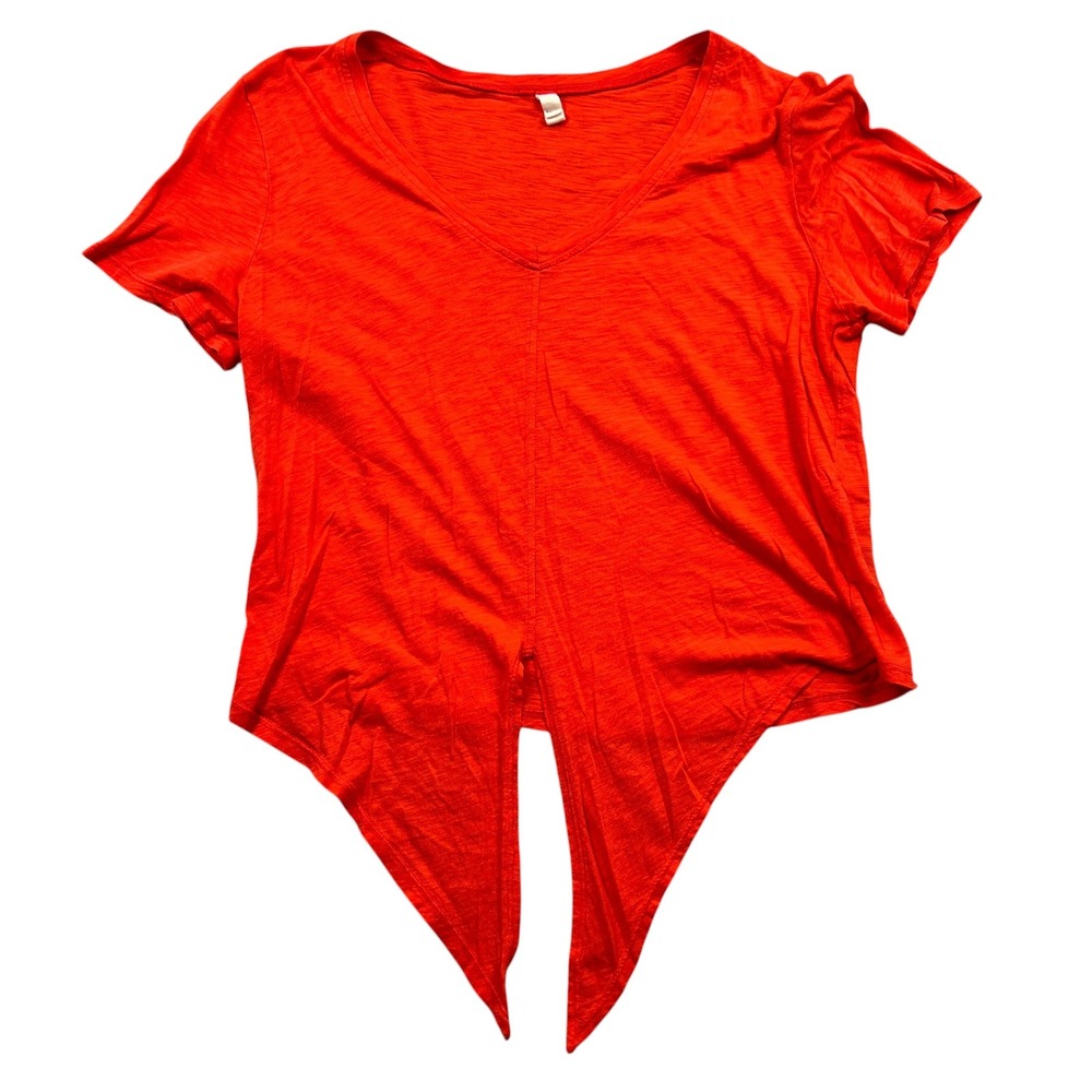 Elan V-Neck Front Tie Top Womens Med Orange Red Slub Knit Short Sleeve SM10030